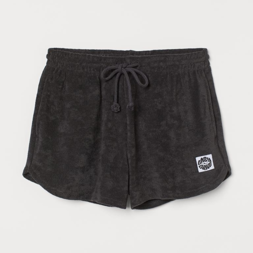 BOGO H&M Black Terry Beach Shorts Wave 🌊 Appliqué XS EUC 🏄‍♀️